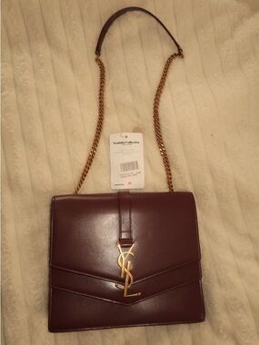 YSL Burgundy Leather Double Flap Shoulder Bag with Gold Chain